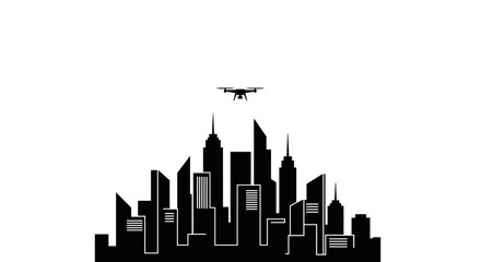 Fototapeta premium Drone soaring above a modern city skyline with sleek black silhouettes and white sky