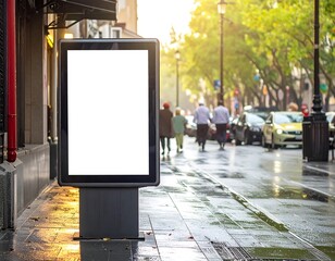 An empty digital billboard stands on a wet sidewalk in an urban setting, featuring blurred pedestrians and streetscape