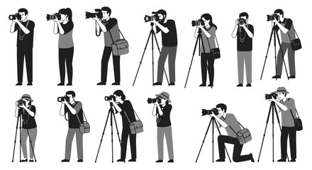 Group of photographers capturing moments with cameras and tripods in various poses