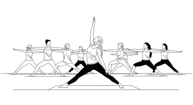 Group of women performing yoga poses, promoting wellness and mindfulness in studio - Powered by Adobe