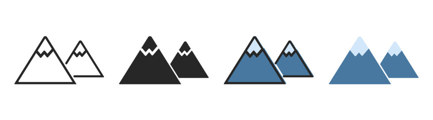 Mountain vector logo illustration — simple outline landscape with peak and snow silhouette, adventure travel and hiking design on transparent background.