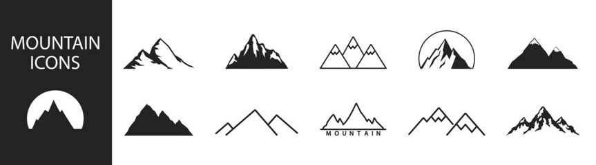Mountain vector logo illustration — abstract nature landscape with peak, snow, and pyramid silhouette, adventure travel and hiking design on transparent background.