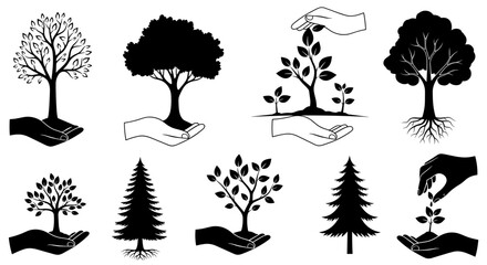 Hands carefully holding trees representing growth, nature, and environmental protection