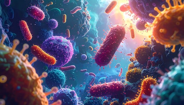 An abstract, colorful, and detailed illustration depicting diverse, microscopic organisms. Vibrant hues create depth and texture, showcasing complex biological structures