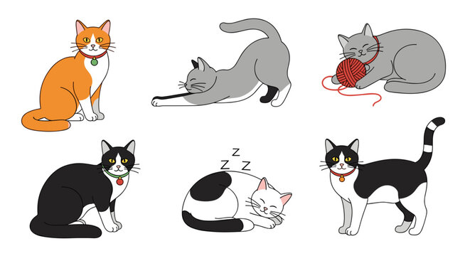 Charming collection of playful cartoon cats in various poses, ready for design use!