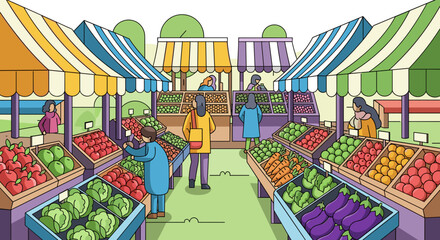 Vibrant farmers market bustling with fresh produce and happy shoppers on a sunny day