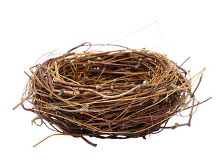 Obraz premium Empty Birds Nest Made of Twigs on Black Background Still Life