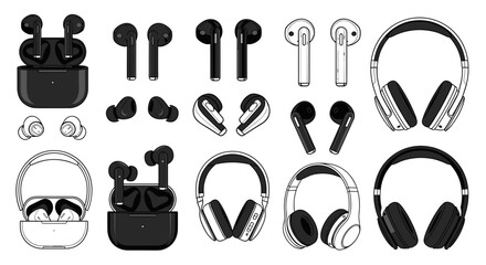 Modern wireless earbuds and headphones collection for sleek tech presentations and designs