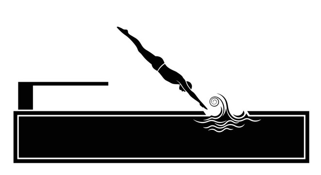 Dynamic diver silhouette leaps into water, creating splash, vector illustration for sports