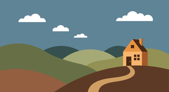 Charming countryside home nestled among rolling hills under a peaceful sky, inviting escape