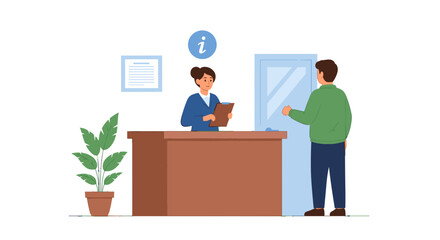 Obraz premium Friendly receptionist assists visitor at information desk in modern office lobby