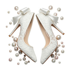 Elegant White Bridal High Heels with Delicate Bows and Scattered Pearls.