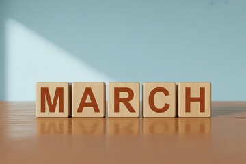 Wooden blocks spell out march the start of spring symbolizing new beginnings