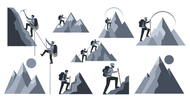 Adventurous climbers conquer majestic peaks, embracing challenge and outdoor exploration.