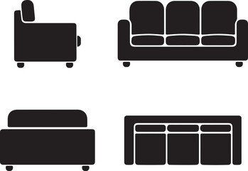 Sofa silhouette icons set side, front, back, and top views vector art illustration