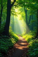 Obraz premium Sun-Dappled Path Through Lush Woodland A Magical Journey into Natures Embrace
