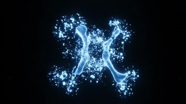 Abstract animation of glowing bone fragments dissolving and reforming into eerie, intricate skeletal patterns against a dark, seamless background biology, anatomy, skeletal patterns