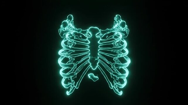 Abstract animation of glowing bone fragments dissolving and reforming into eerie, intricate skeletal patterns against a dark, seamless background mystery, spooky, loopable