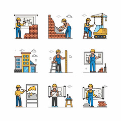 Construction and Engineering Icons Set featuring workers, blueprints, masonry, heavy equipment, and architecture in colored outline vector style.