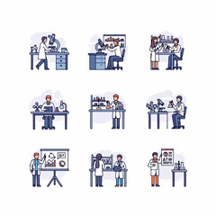 Scientific Research and Laboratory Work Flat Outline Icon Set Illustrations