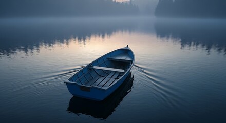 Obraz premium Blue rowboat floats on calm misty lake at sunrise water