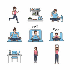 Wellness and Self-Care Daily Routine Icons: Exercise, Nutrition, Hydration, Sleep, and Yoga for a Healthy Lifestyle