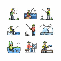 Outline vector icon set of fishing activities, including fly fishing, ice fishing, catch, preparation, and angling equipment.