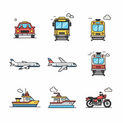 Transportation Modes Icon Set. Flat linear color vector illustrations of travel vehicles like car, train, airplane, ship, and motorcycle.
