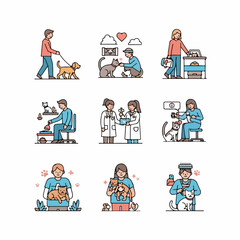 Set of vector icons illustrating pet care, animal ownership, veterinary medicine, grooming, and human-animal bonding activities.