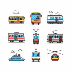 Public Transportation Icons Set: Bus, Train, Tram, Ferry, and Cable Car Illustrations