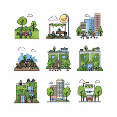 Sustainable Green City Life Icons Set. Illustrations of eco-friendly architecture, urban parks, community gardens, and pedestrian zones.