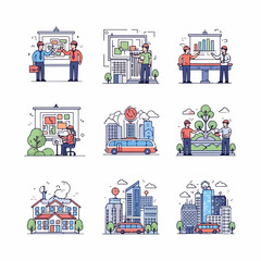 Urban Planning and Engineering Vector Icon Set: Cityscapes, Construction Analysis, Public Transportation, and Architectural Design Concepts.