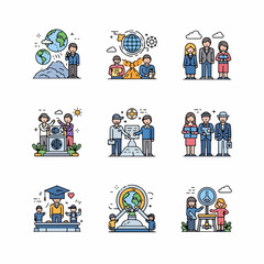 Flat vector icons collection depicting global business, networking, education, environmental awareness, and teamwork.