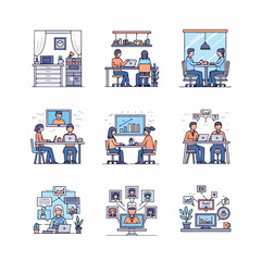 Vector collection of modern business settings, teamwork, communication, and remote work concepts.