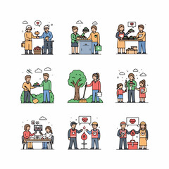 Line art set illustrating diverse volunteer activities, community charity, blood donation, environmental cleanup, and social service.