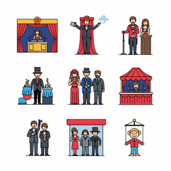 Performance and Entertainment Industry Icons: Magicians, Stage Hosts, Attendees, and Theater Figures in a Colorful Outline Collection.