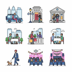 Urban Lifestyle Vector Icon Set: People engaging in daily city activities like driving, visiting museums, dining out, shopping, walking pets, and attending entertainment events.