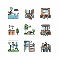 Home Life and Daily Routines Icon Set: Family activities including cooking, relaxing, gardening, and dining in simple outline illustration style.