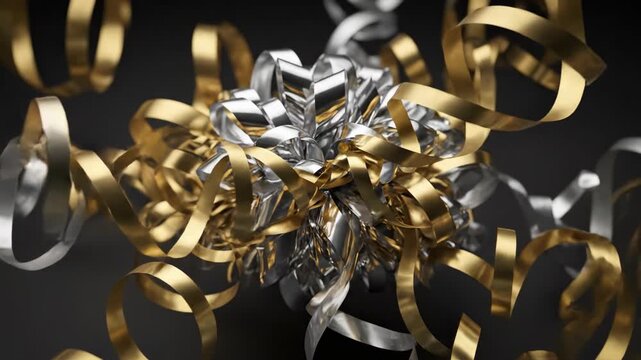 Abstract animation of shiny, metallic silver and gold gift ribbons gracefully untangling and spiraling in a fluid, looping motion celebration, concept, christmas