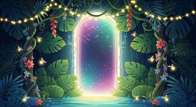 Enchanted jungle portal with glowing lights and fireflies doorway arch - Powered by Adobe