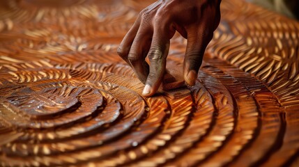 Skilled artisan's hand meticulously carves intricate patterns into rich, textured wood, showcasing traditional craftsmanship and artistic detail.