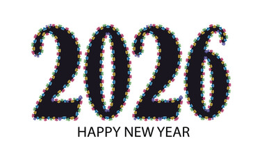 Festive 2026 Happy New Year Vector: Decorative Black Typography with Multi-Color Bejeweled Border for Gala Invitation and Holiday Greeting.