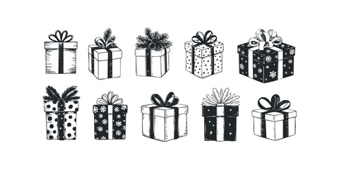 Collection of Hand Drawn Gift Boxes with Ribbons and Patterns