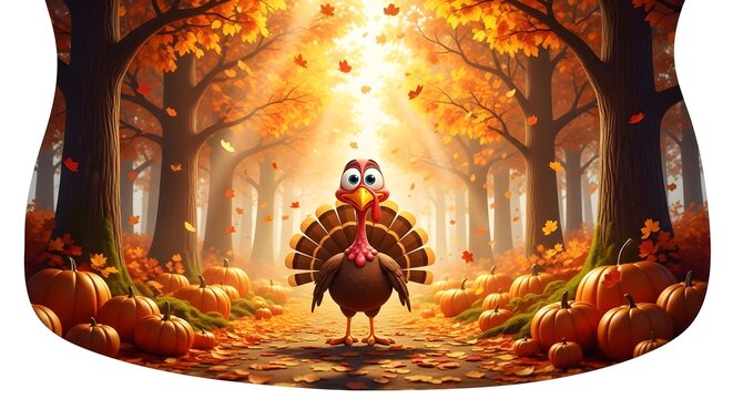 Cartoon turkey in a forest during autumn with falling leaves