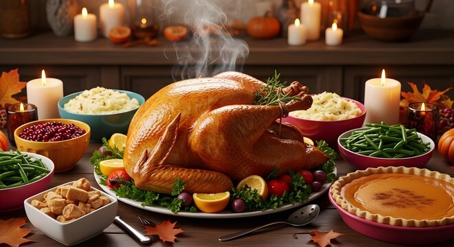 Steaming roasted turkey with side dishes and pie on thanksgiving table