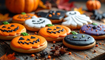 An array of Halloween-themed iced cookies arranged artfully on a wooden surface, along with pumpkins and fall foliage