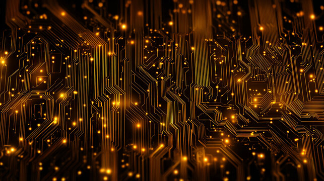 A macro view of a digital circuit board with glowing golden lines and traces receding into the distance. Bright orange bokeh lights shimmer against the deep black background.