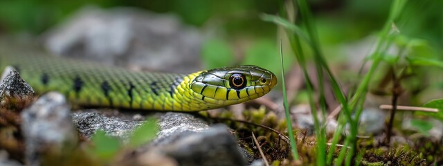Fototapeta premium A common grass snake resting among rocks and greenery in a natural habitat during daylight hours