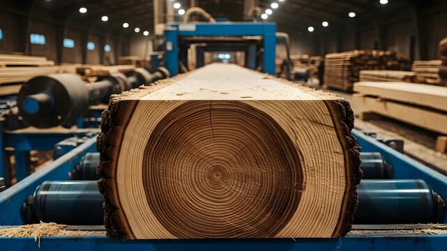 Close up of a freshly cut wood log on a conveyor belt in a lumber mill
