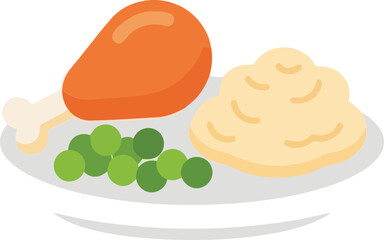Delicious chicken meal mashed potatoes peas and gravy served on plate simple flat illustration vector